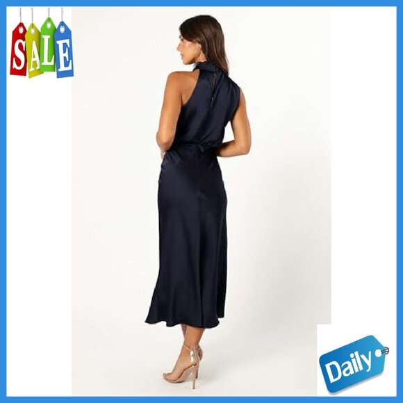 Sleeveless Halter Midi Dress with Button Back, Satin Feel - Picture 6 of 7